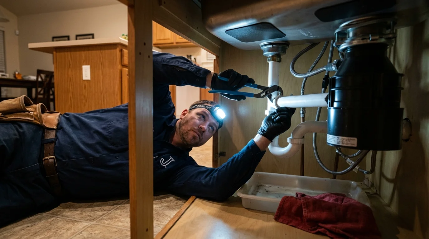 P-trap and supply line connections under a kitchen sink showing a common leak point in Beulaville, NC